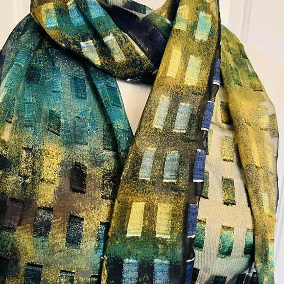 Vintage Modernist Geometric Scarf — Blue, Green & Gold Pattern - Picture 15 of 16
